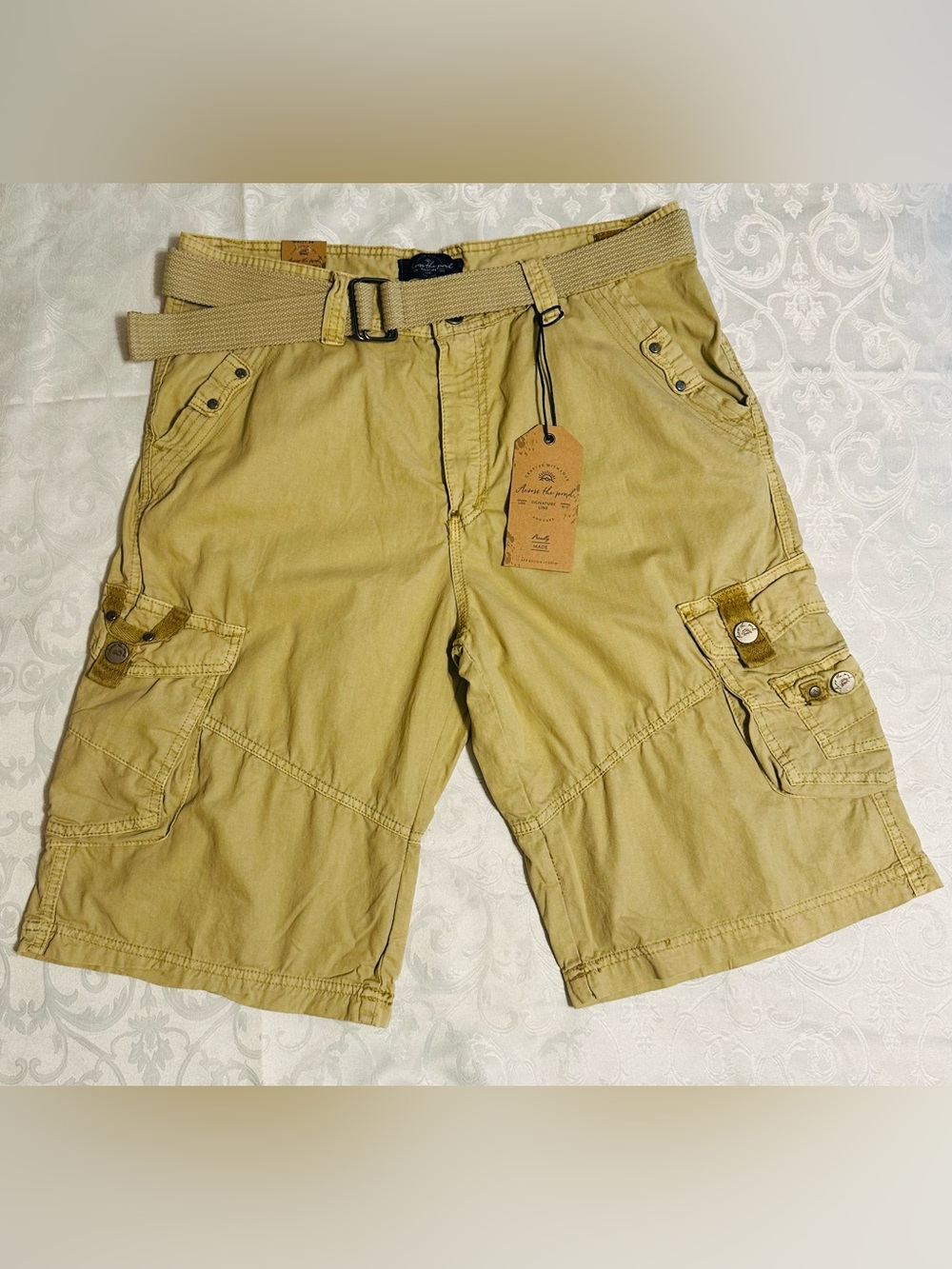 Across The Pond Men's 100% Cotton Khaki Cargo Shorts - 34